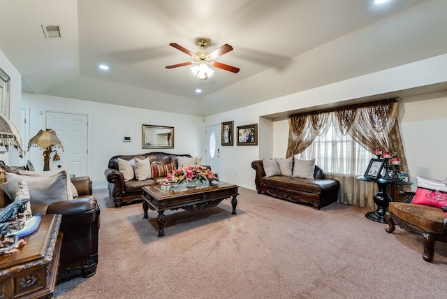 401 Brookover Cir, Odessa, TX 79763 - living room featuring carpet, ceiling fan, vaulted ceiling, and recessed lighting