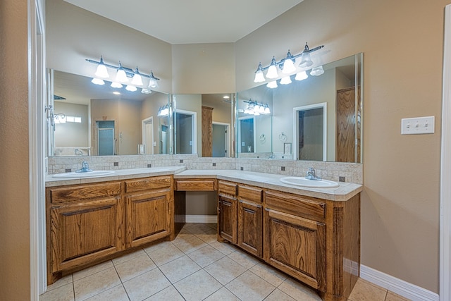 104 Waimea Dr, Odessa, TX 79762 - full bath with double vanity, tile patterned floors, tasteful backsplash, and a shower