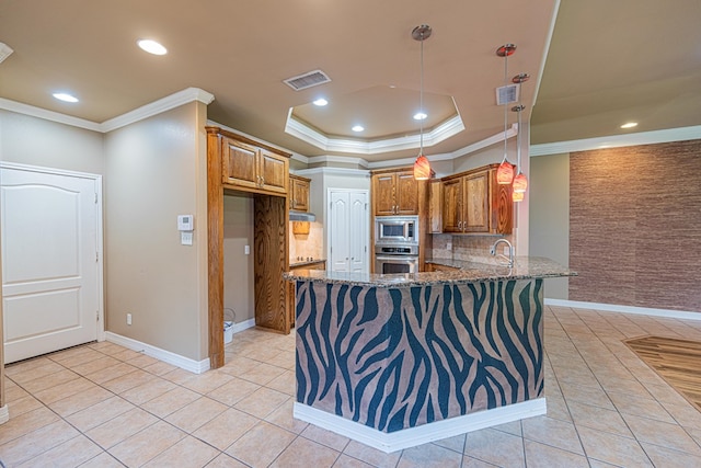 104 Waimea Dr, Odessa, TX 79762 - kitchen with appliances with stainless steel finishes, brown cabinetry, light tile patterned floors, crown molding, and recessed lighting