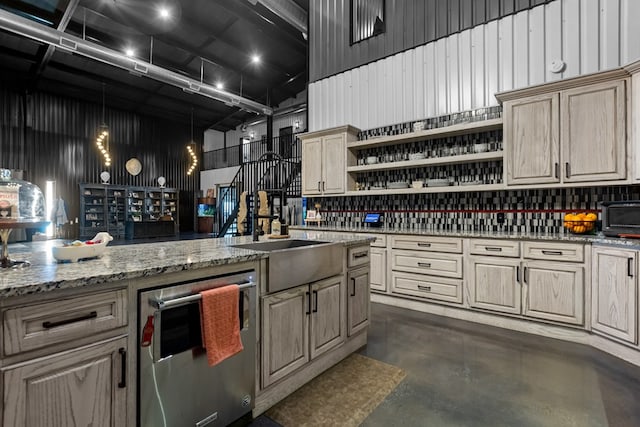 3398 SE 3000, Andrews, TX 79714 - kitchen with finished concrete floors, open shelves, dishwasher, light stone countertops, and a sink