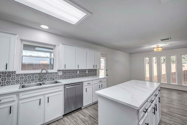 kitchen featuring visible vents, white cabinetry, a kitchen island, a sink, and dishwasher