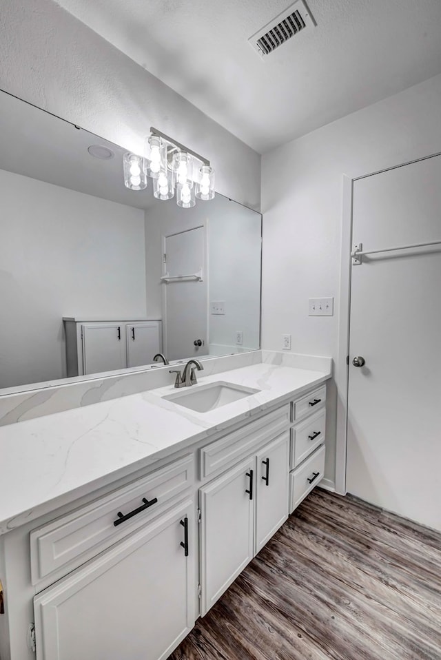 bathroom with vanity, wood finished floors, and visible vents