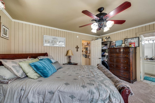 2919 Kirkwood Dr, Odessa, TX 79762 - bedroom featuring ornamental molding, carpet, a ceiling fan, and ensuite bath