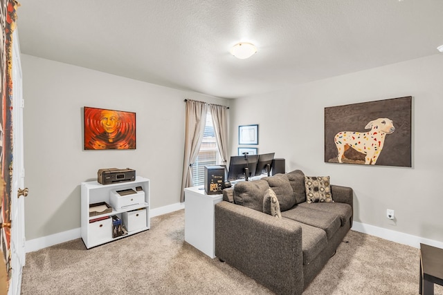 living room featuring baseboards, a textured ceiling, and light colored carpet