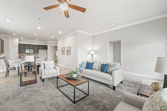 8919 Red Cliff Ave, Odessa, TX 79765 - living area with crown molding, recessed lighting, a ceiling fan, and light carpet