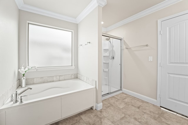 8919 Red Cliff Ave, Odessa, TX 79765 - bathroom featuring ornamental molding, a stall shower, and a garden tub