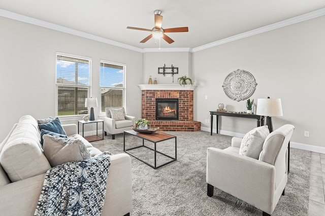 8919 Red Cliff Ave, Odessa, TX 79765 - living area featuring crown molding, a ceiling fan, and a fireplace