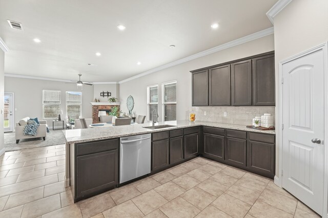 8919 Red Cliff Ave, Odessa, TX 79765 - kitchen featuring dishwasher, a peninsula, ceiling fan, ornamental molding, and dark brown cabinets