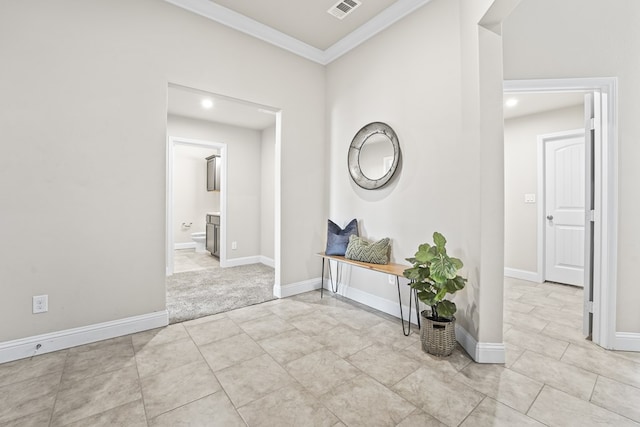 8919 Red Cliff Ave, Odessa, TX 79765 - hall featuring crown molding, light tile patterned flooring, and recessed lighting