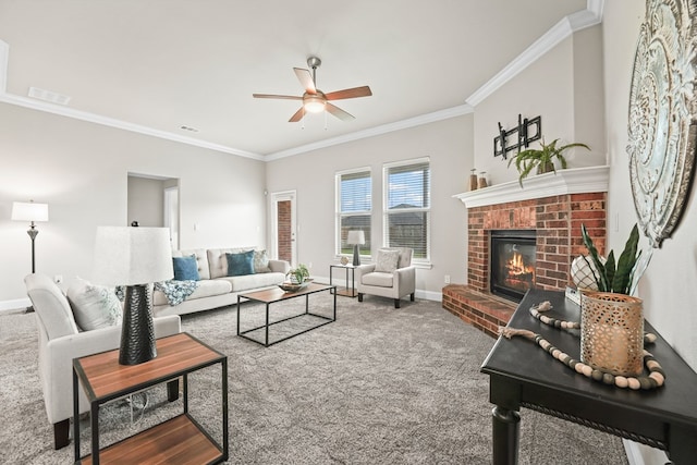 8919 Red Cliff Ave, Odessa, TX 79765 - carpeted living room with a ceiling fan, ornamental molding, and a fireplace