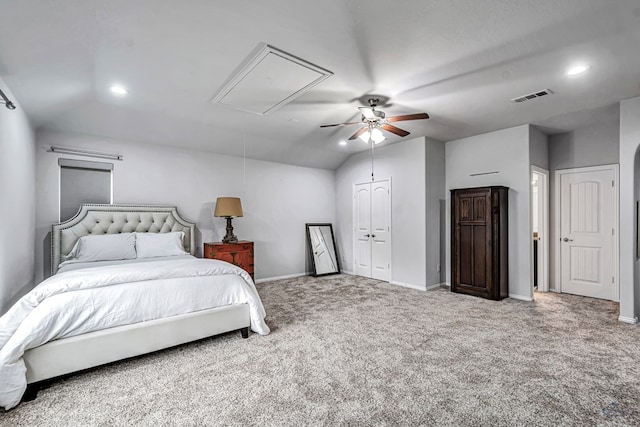 7016 Spur Ranch Rd, Odessa, TX 79765 - bedroom featuring attic access, carpet flooring, recessed lighting, ceiling fan, and vaulted ceiling