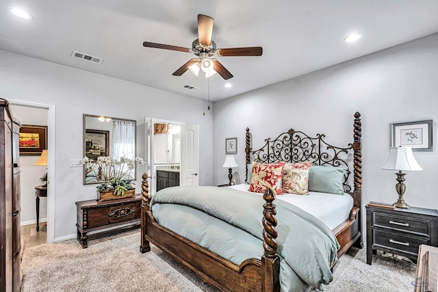 7016 Spur Ranch Rd, Odessa, TX 79765 - bedroom with recessed lighting, ensuite bathroom, and ceiling fan