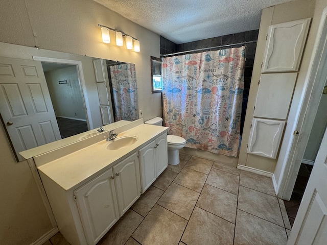 full bathroom featuring tile patterned flooring, a textured ceiling, toilet, vanity, and shower / tub combo