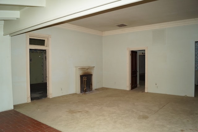 708 W Yukon Rd, Odessa, TX 79764 - unfurnished living room with ornamental molding, a fireplace with flush hearth, and carpet floors