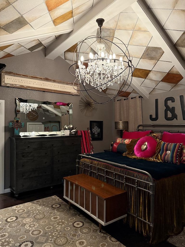 interior space featuring dark hardwood / wood-style flooring, vaulted ceiling with beams, a notable chandelier, and a wall unit AC