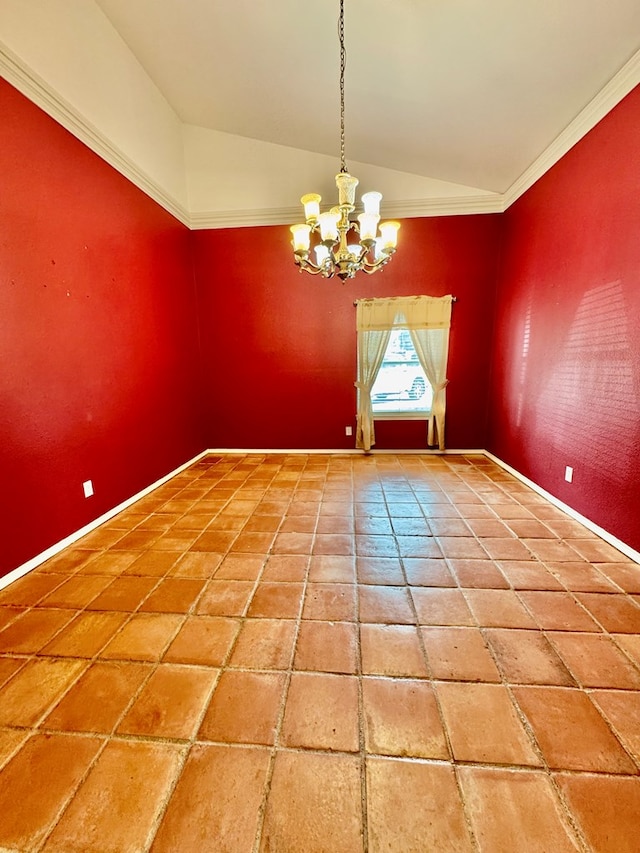 6305 Mecca St, Odessa, TX 79762 - spare room with lofted ceiling, a chandelier, baseboards, and crown molding