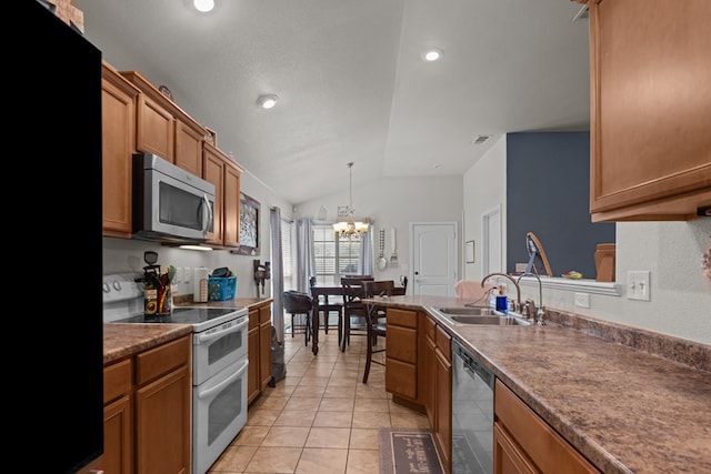 1012 Duke Ave, Odessa, TX 79765 - kitchen with stainless steel appliances, vaulted ceiling, a chandelier, light tile patterned flooring, and brown cabinetry