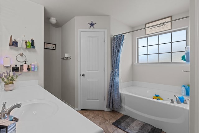 1012 Duke Ave, Odessa, TX 79765 - bathroom with a bath, tile patterned floors, vanity, and a shower with shower curtain