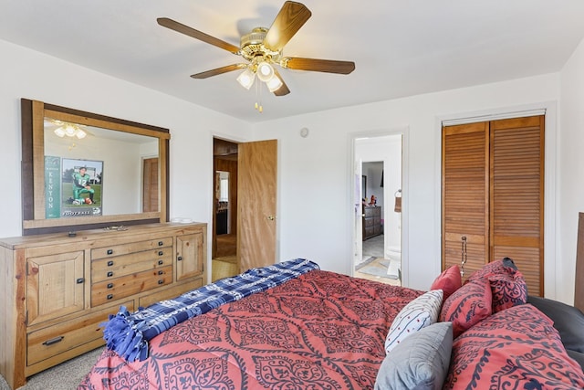 1908 W 36th St, Monahans, TX 79756 - carpeted bedroom with a closet, connected bathroom, and ceiling fan
