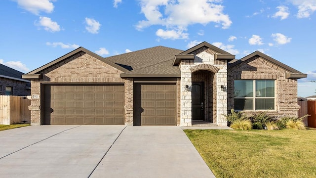 view of front of home with a garage and a front lawn