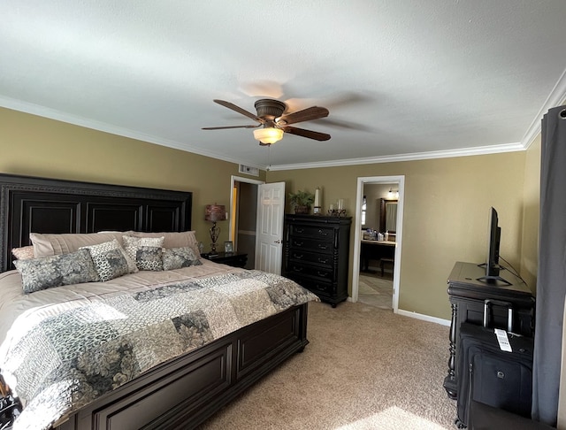 1401 S Franklin Ave, Monahans, TX 79756 - bedroom featuring light carpet, ornamental molding, ceiling fan, and ensuite bathroom