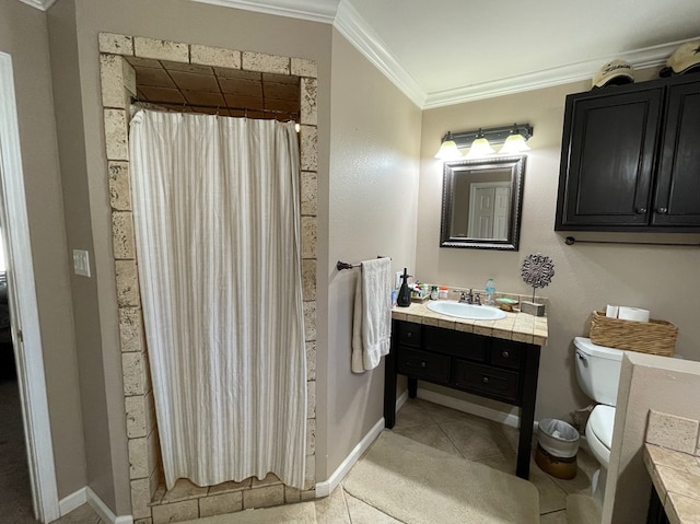 1401 S Franklin Ave, Monahans, TX 79756 - bathroom featuring vanity, ornamental molding, a shower with shower curtain, and tile patterned floors