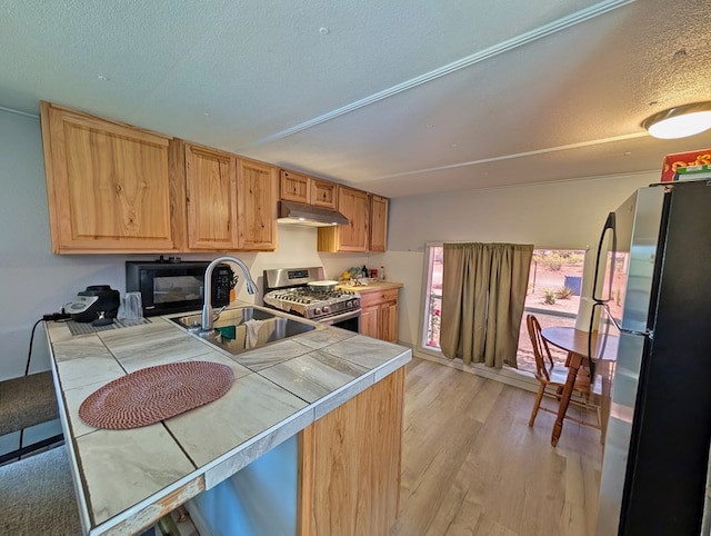 403 Commerce St, Fort Davis, TX 79734 - kitchen with a sink, stainless steel appliances, a textured ceiling, under cabinet range hood, and tile countertops