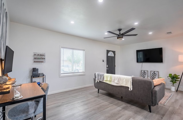 411 N San Jacinto St, Odessa, TX 79762 - living area with a ceiling fan, recessed lighting, light wood finished floors, and an office area