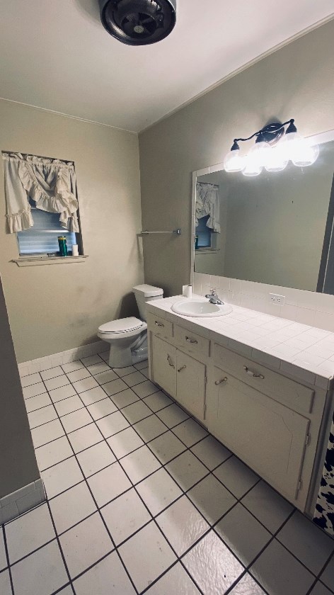 bathroom with tile patterned floors, toilet, and vanity