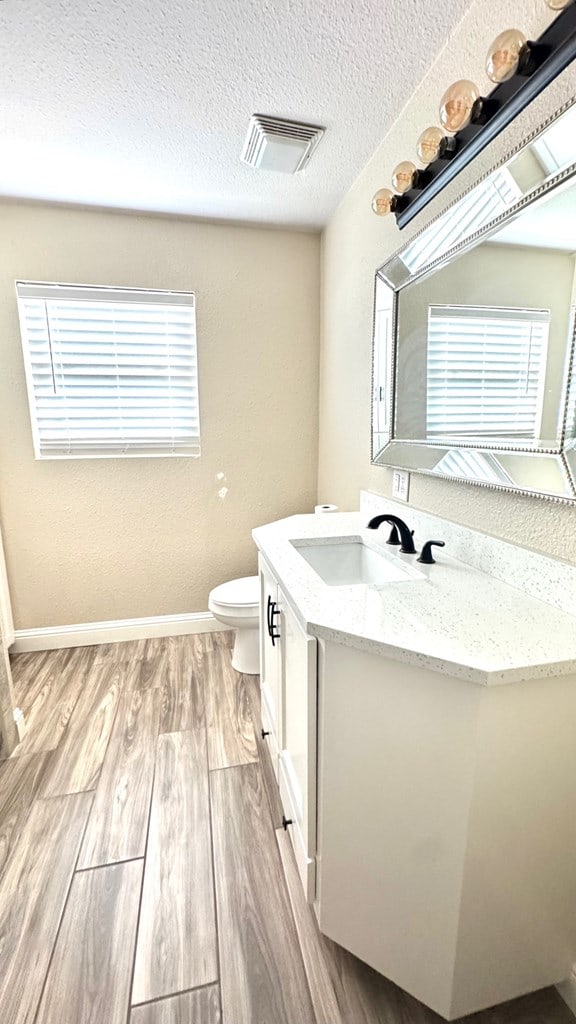 bathroom with wood-type flooring, toilet, vanity, and a textured ceiling