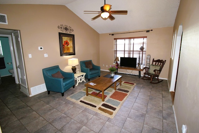 living area featuring a ceiling fan, baseboards, and high vaulted ceiling