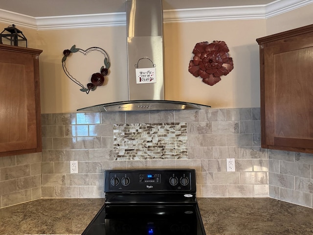 kitchen featuring ornamental molding, wall chimney exhaust hood, backsplash, and black / electric stove