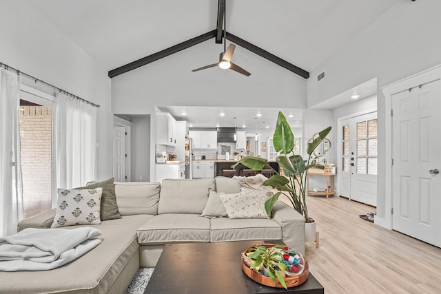 6338 Mecca St, Odessa, TX 79762 - living room with high vaulted ceiling, ceiling fan, light wood finished floors, beamed ceiling, and recessed lighting