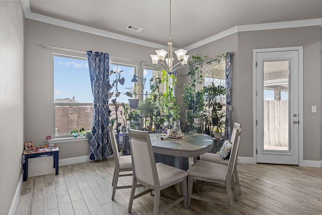 8620 Rutland Dr, Odessa, TX 79765 - dining space with wood finished floors, a chandelier, and ornamental molding