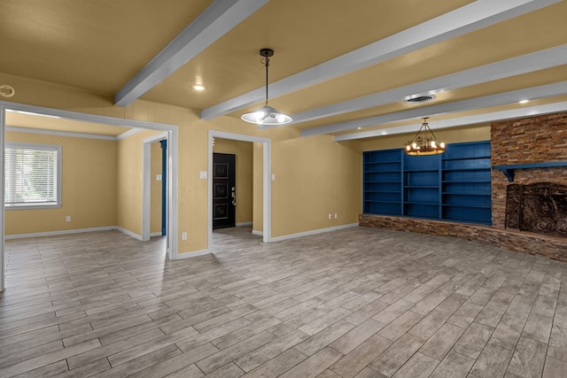 2900 E 21st St, Odessa, TX 79761 - unfurnished living room featuring baseboards, wood finished floors, beamed ceiling, and a chandelier