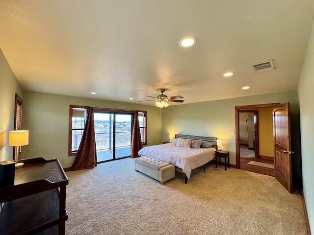 carpeted bedroom with access to exterior and ceiling fan