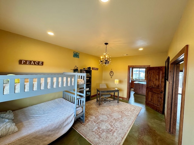 bedroom with a chandelier