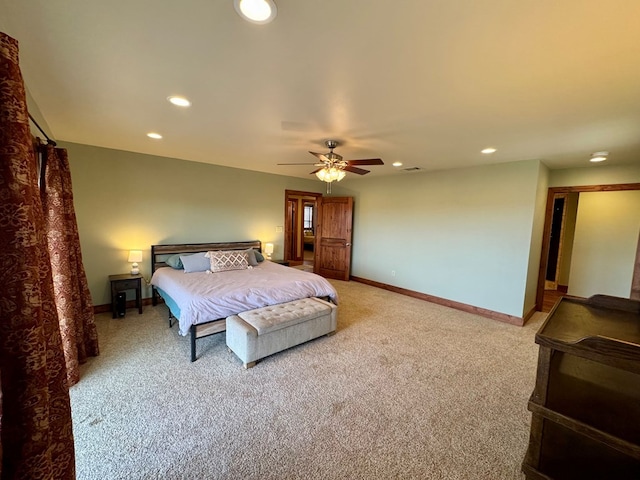 carpeted bedroom with ceiling fan