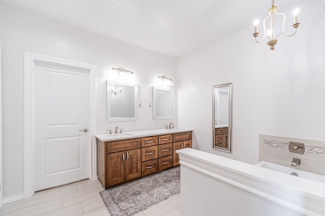 479 County Rd 306, Seminole, TX 79360 - bathroom with double vanity, a sink, and a notable chandelier