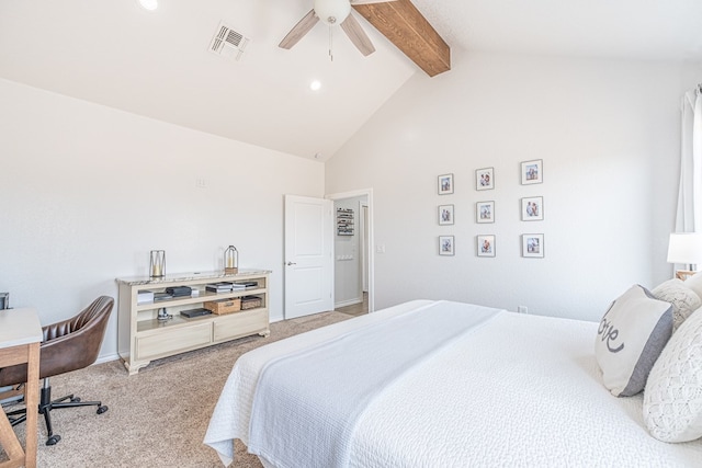 479 County Rd 306, Seminole, TX 79360 - bedroom featuring light colored carpet, beam ceiling, high vaulted ceiling, recessed lighting, and visible vents