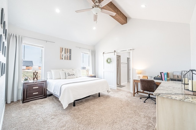 479 County Rd 306, Seminole, TX 79360 - bedroom featuring recessed lighting, high vaulted ceiling, light carpet, and beamed ceiling