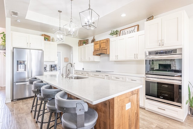 479 County Rd 306, Seminole, TX 79360 - kitchen featuring a kitchen island with sink, stainless steel appliances, a sink, and light wood-style flooring