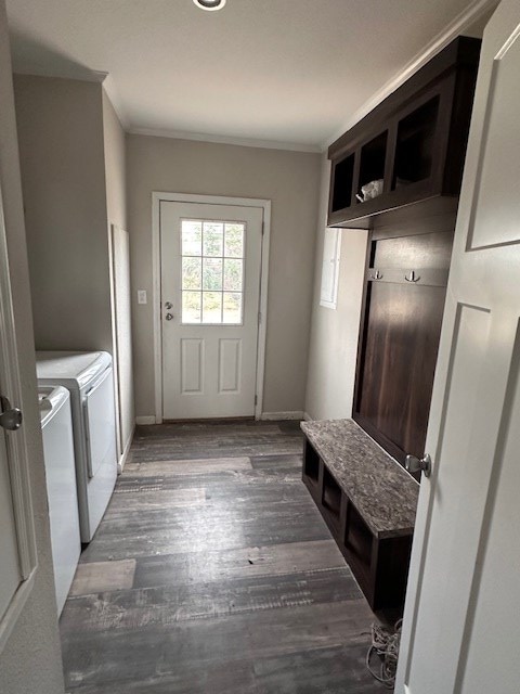 610 Magnolia, Kermit, TX 79745 - mudroom with washer and dryer, ornamental molding, and wood finished floors