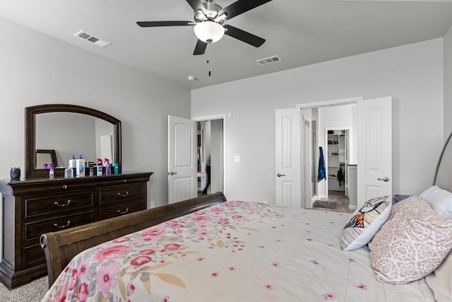 bedroom featuring a walk in closet, a ceiling fan, and a closet