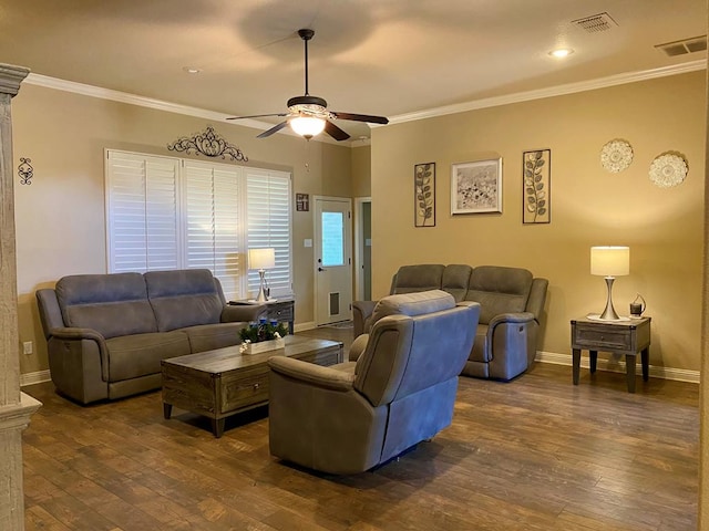 living room featuring a ceiling fan, dark wood-style floors, and visible vents