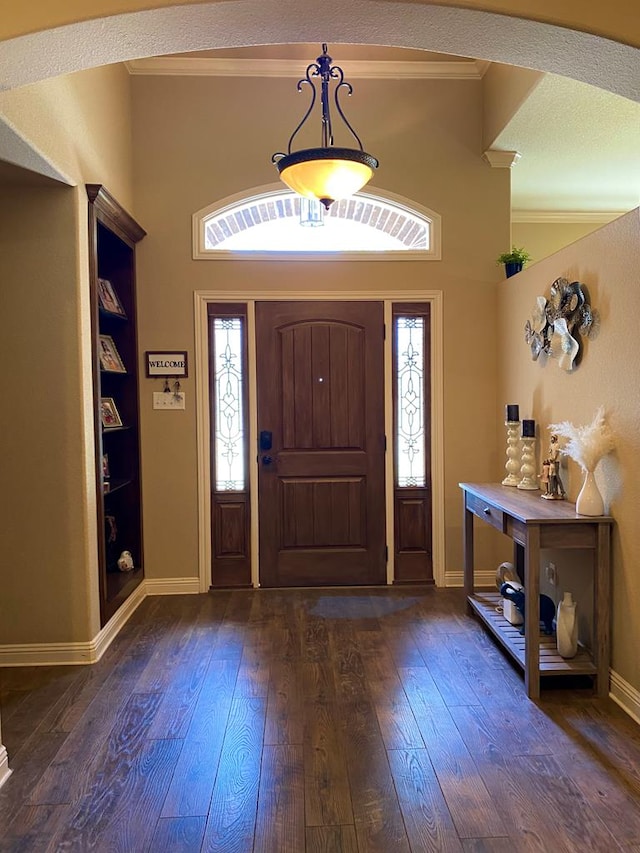 entrance foyer with crown molding, a wealth of natural light, and dark wood-type flooring