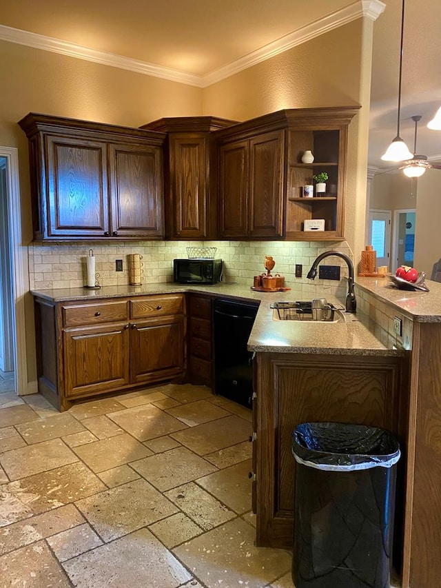 kitchen featuring backsplash, open shelves, a sink, and black appliances