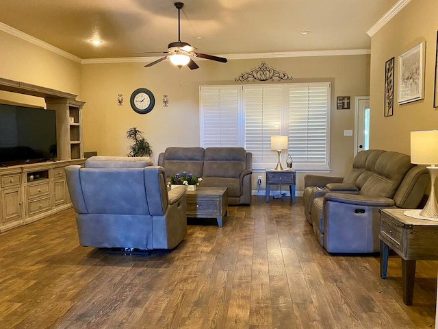 living room with a ceiling fan, dark wood-style floors, and ornamental molding