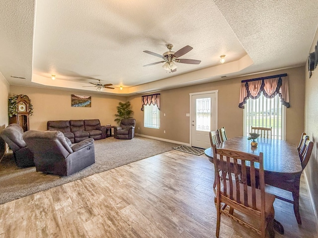 305 County Rd 306, Seminole, TX 79360 - dining room featuring a raised ceiling, a textured ceiling, wood finished floors, and ceiling fan