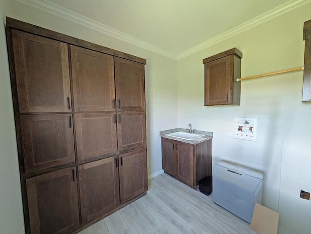 9 Prairie View Ln, Alpine, TX 79830 - laundry room with cabinet space, hookup for a washing machine, ornamental molding, and light wood-style flooring
